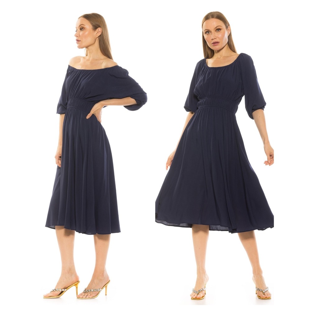 Alexia Admor Emily Dress Womens Small Navy Midi Fit Flare Scoop Neck